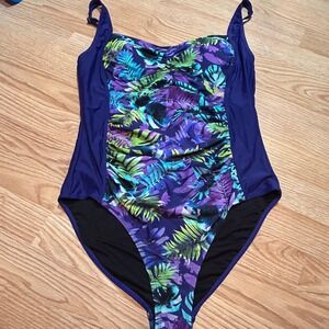 Your Best Look Womens Plus 20W Tropical Palm Ruched One Piece‎ Swimsuit Purple